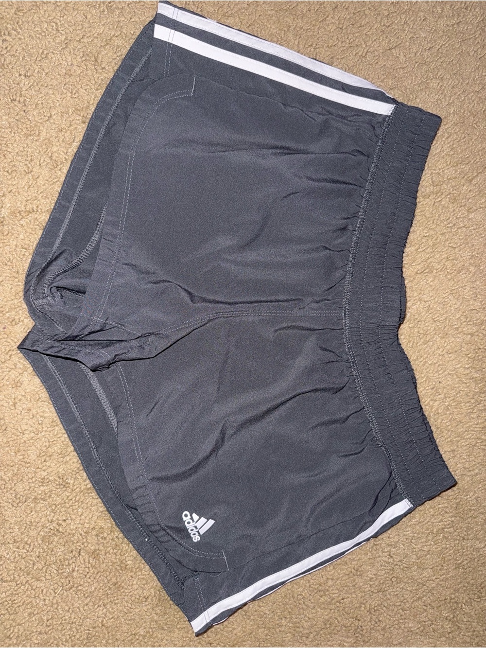Adidas Charcoal Gray Running Shorts with White Stripes